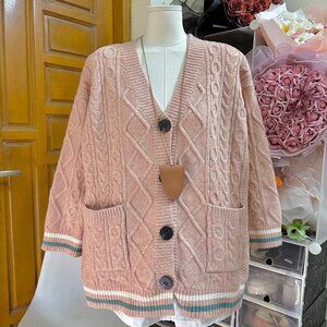 Pink Cable Knit Varsity Stripe Cardigan